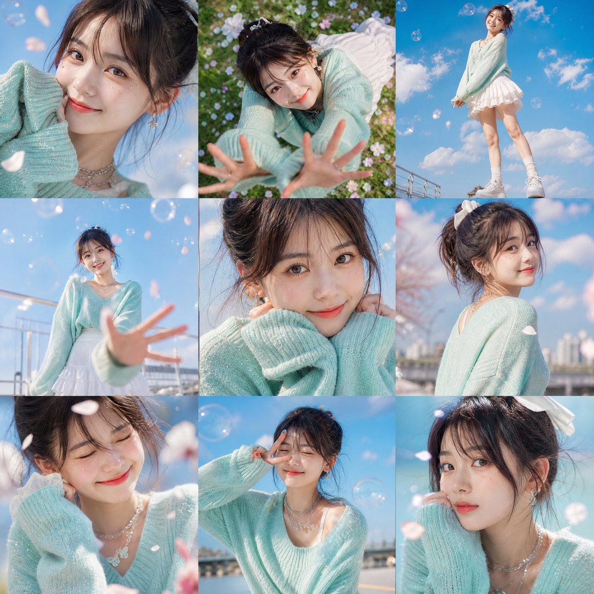 A vibrant 3×3 grid photo collage containing nine unique and expressive poses bas…