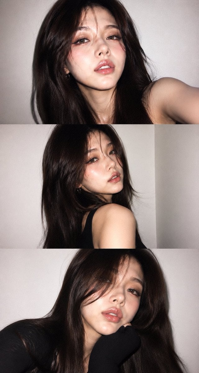 A vertical collage of three YZK photos. Using the uploaded selfie as the ONLY an…