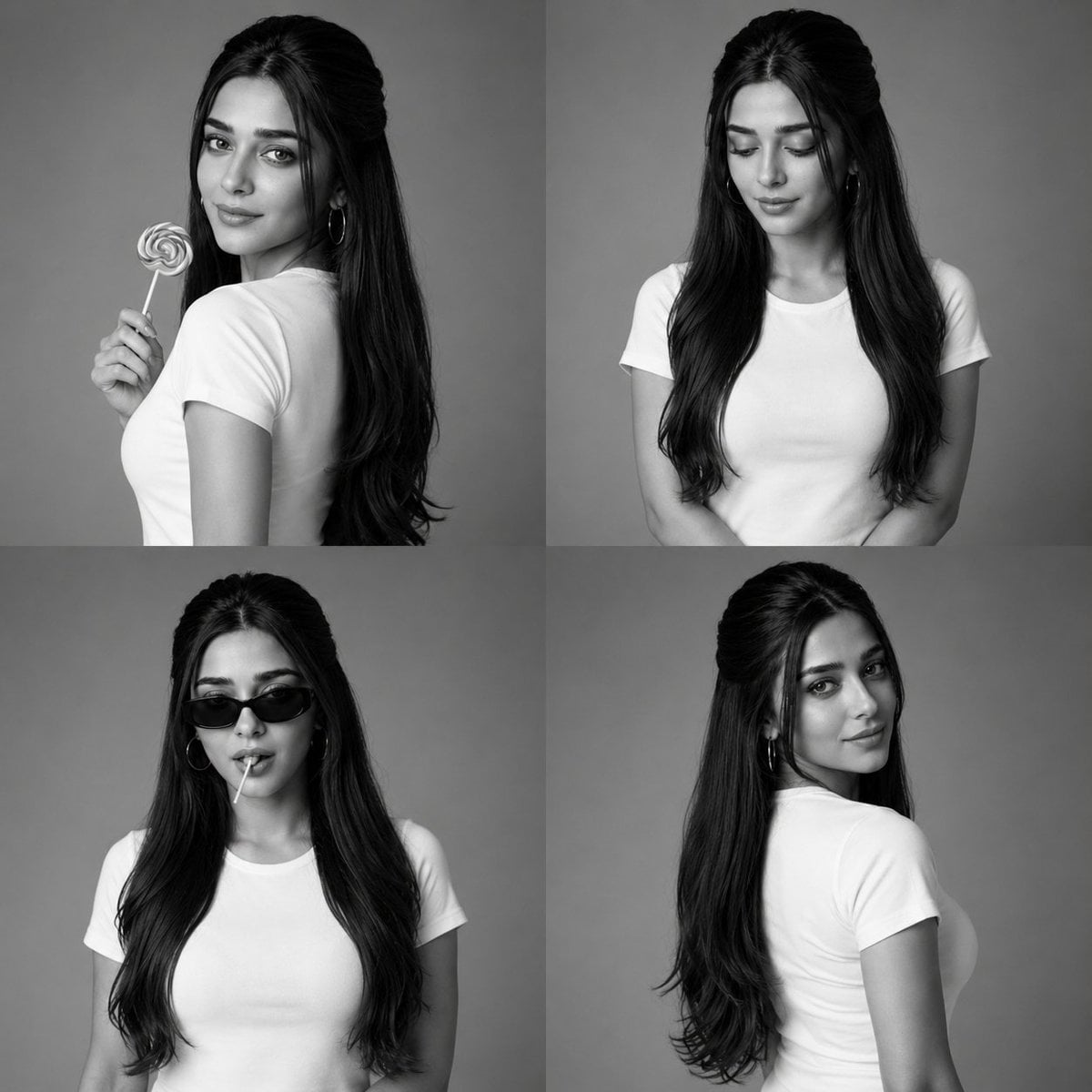 Create a luxury black-and-white fashion studio collage arranged in a clean 2×2 g…