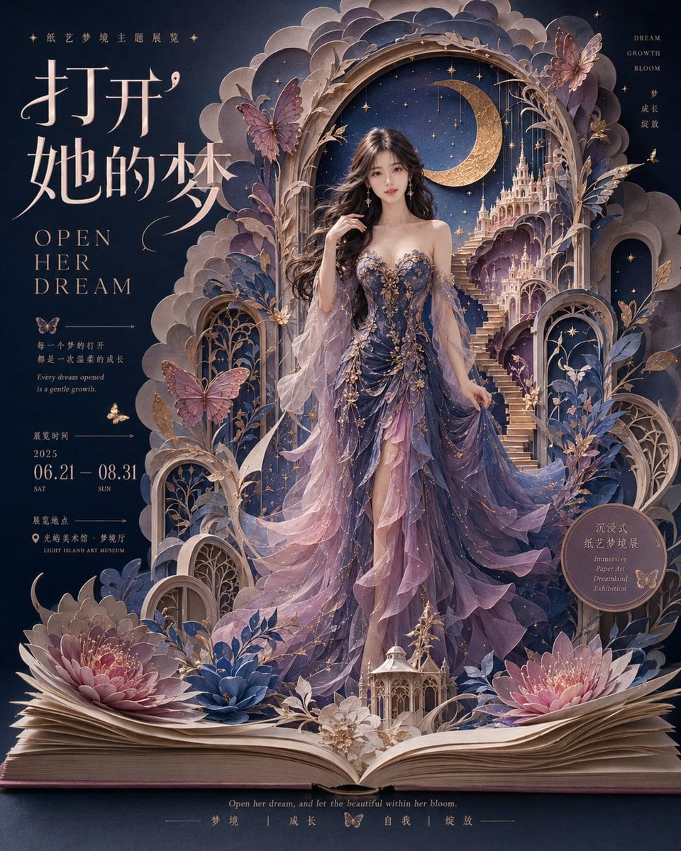 生成一张 4:5 竖版、高完成度的梦幻纸艺展览视觉海报,主题为《打开她的梦 / OPEN HER DREAM》。 整张画面是一张完整的展览海报,而不是普通人物插… (1)