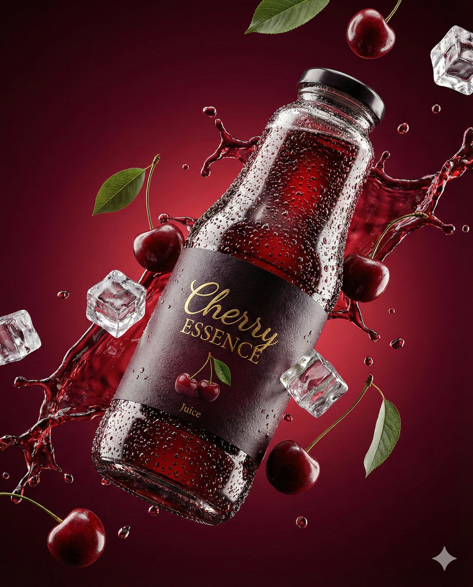 Ultra-Realistic Premium Cherry Juice Bottle Product Shot (1)؛ عکس ساخته‌شده با هوش مصنوعی و پرامپت فارسی در Axeto