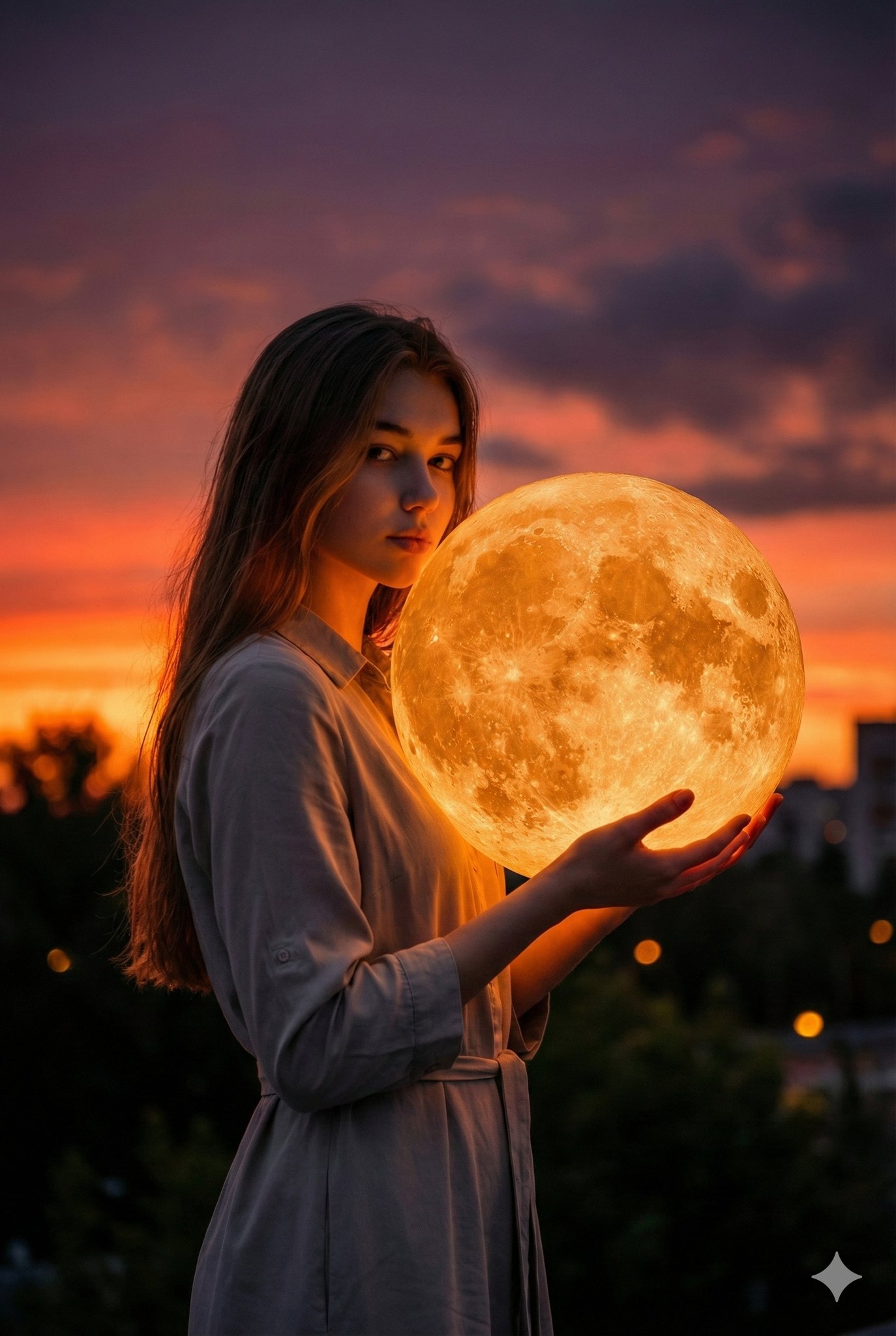Female with Giant Moon at Sunset؛ عکس ساخته‌شده با هوش مصنوعی و پرامپت فارسی در Axeto