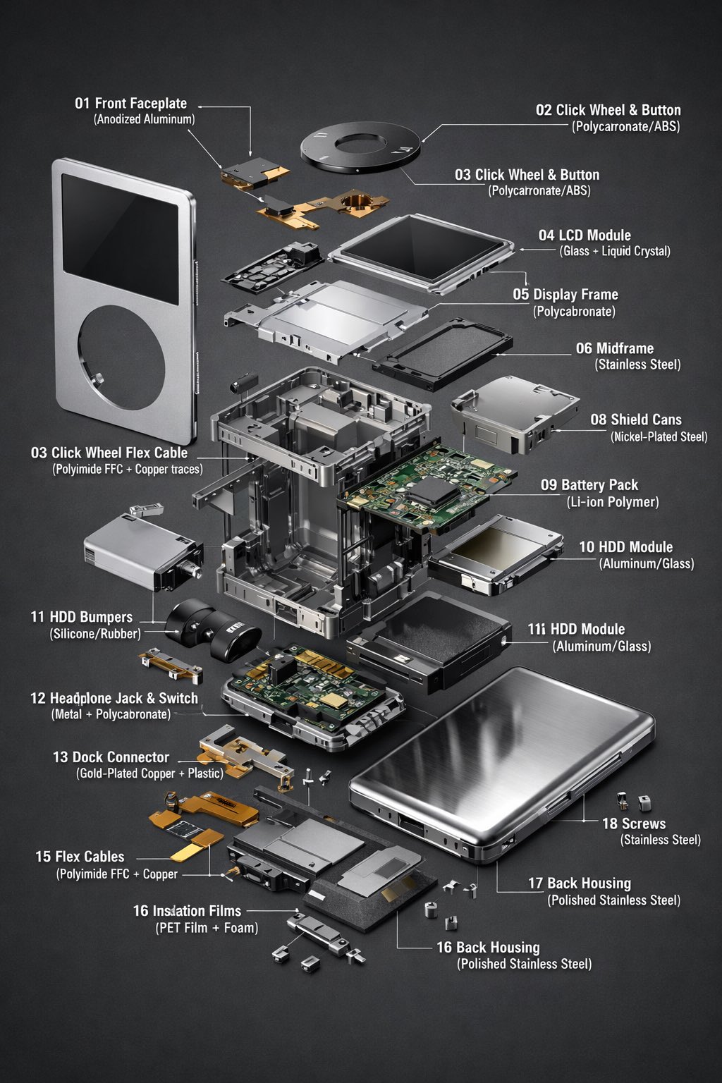 iPod Classic Exploded View (1)؛ عکس ساختهشده با هوش مصنوعی و پرامپت فارسی در Axeto