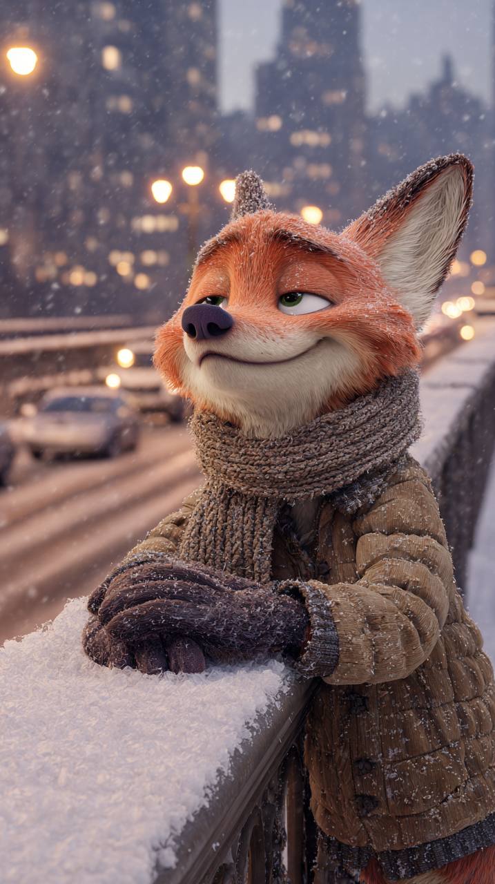 Anthropomorphic Fox on Snow-Covered Bridge in Winter City (1)؛ عکس ساخته‌شده با هوش مصنوعی و پرامپت فارسی در Axeto