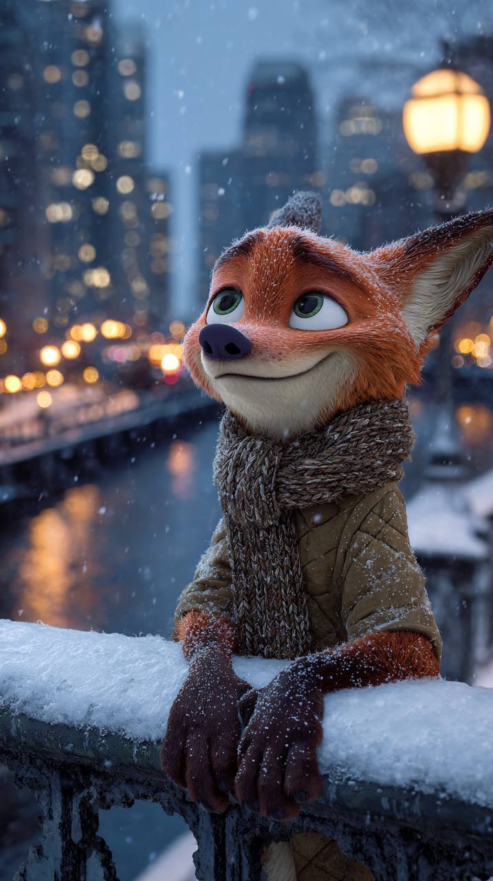 Anthropomorphic Fox on Snow-Covered Bridge in Winter City (2)؛ عکس ساخته‌شده با هوش مصنوعی و پرامپت فارسی در Axeto