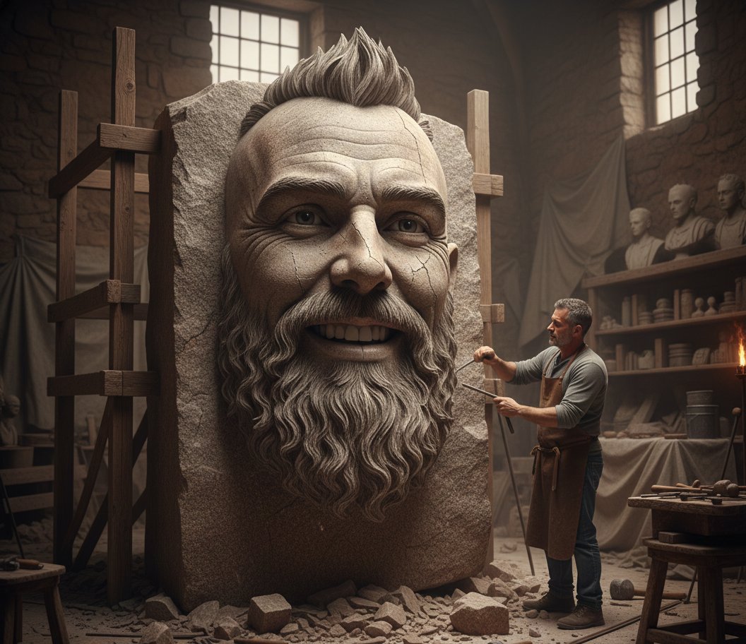Stone Sculptor Carving Giant Stone Bust؛ محتوای مرتبط هوش مصنوعی در Axeto