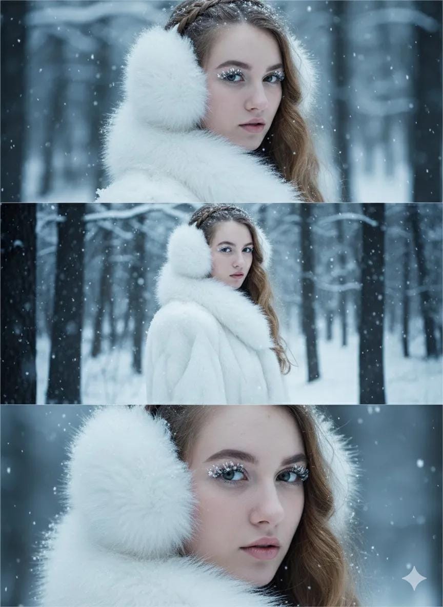 Fashion Shoot in a Snowy Forest؛ عکس ساخته‌شده با هوش مصنوعی و پرامپت فارسی در Axeto