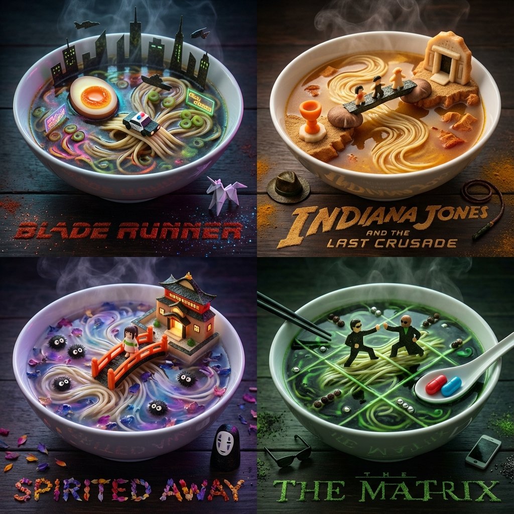 Visualizing Movies and Books in Ramen Bowls: Four Iconic Scenes؛ عکس ساخته‌شده با هوش مصنوعی و پرامپت فارسی در Axeto