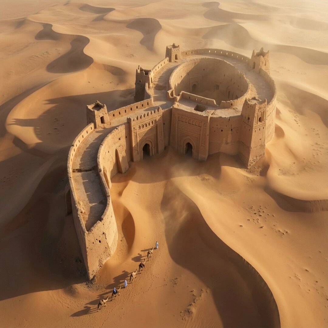 Hyper-real Aerial Photograph of a Colossal Adobe Fortress in Arabic Style؛ عکس ساخته‌شده با هوش مصنوعی و پرامپت فارسی در Axeto