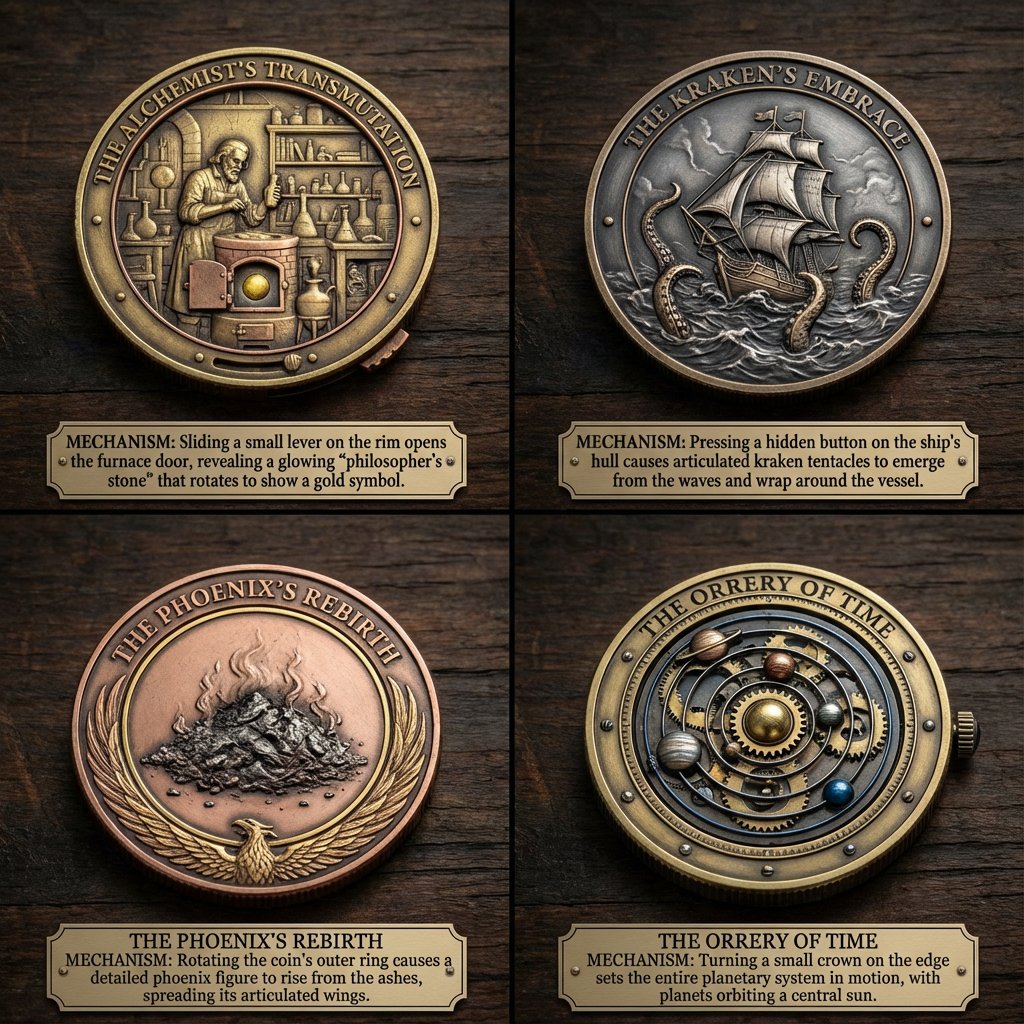 Roman Booteen-Inspired Mechanical Art Coin؛ عکس ساخته‌شده با هوش مصنوعی و پرامپت فارسی در Axeto