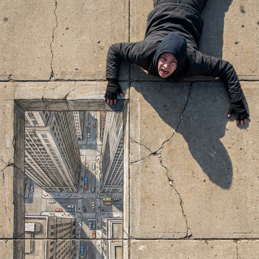 Top-down photograph of a person lying on textured concrete sidewalk with dramati…؛ عکس ساخته‌شده با هوش مصنوعی و پرامپت فارسی در Axeto