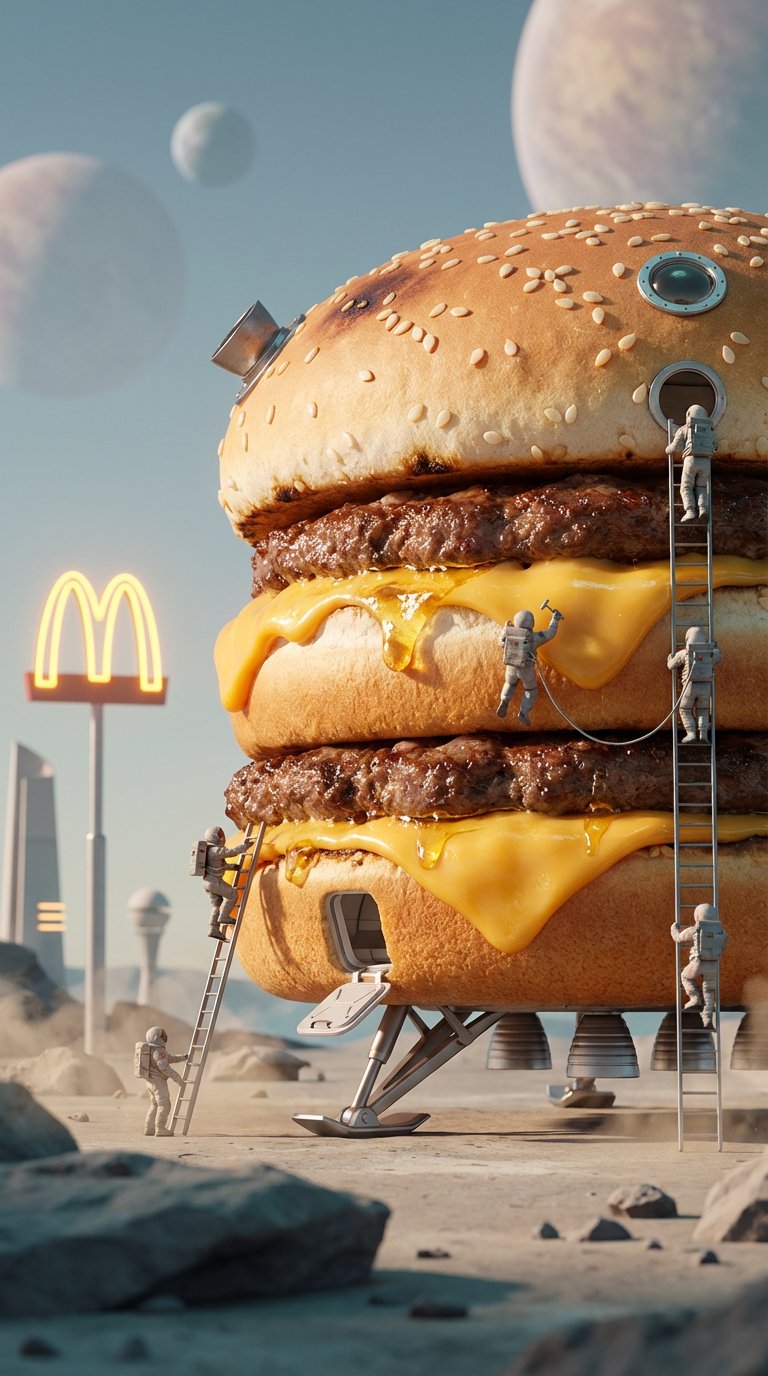 Space Hamburger Spaceship Landing on Alien Desert؛ عکس ساخته‌شده با هوش مصنوعی و پرامپت فارسی در Axeto