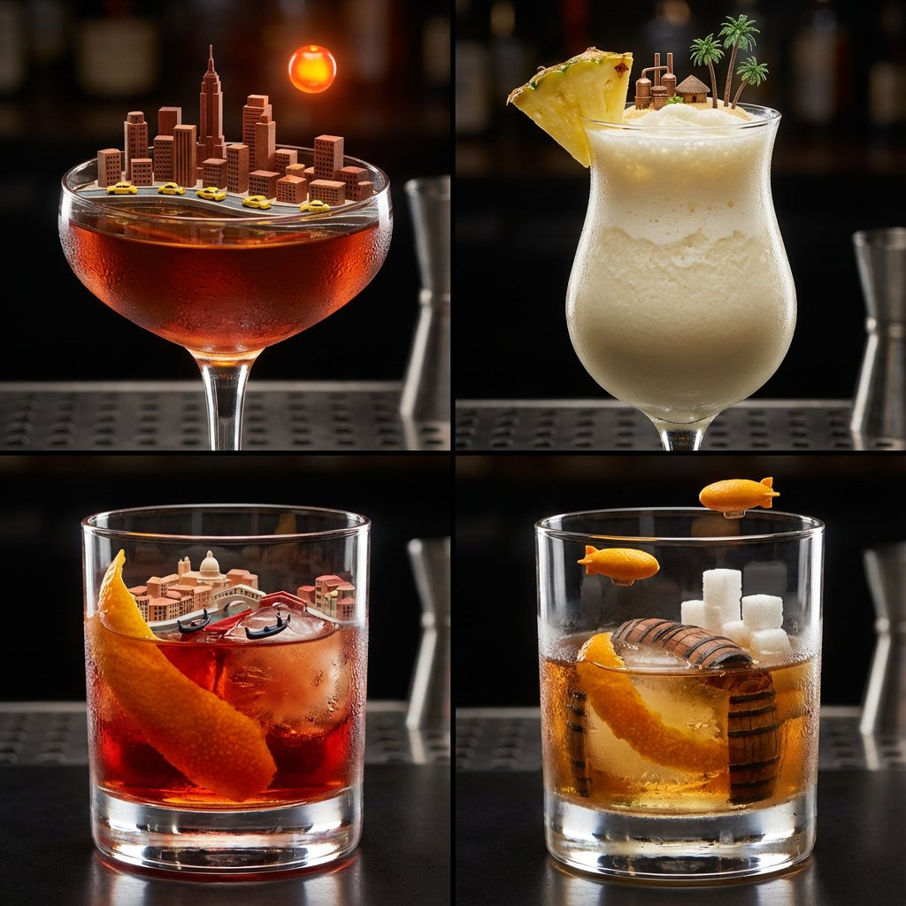 Food Art: Miniature City Cocktails Grid؛ عکس ساخته‌شده با هوش مصنوعی و پرامپت فارسی در Axeto