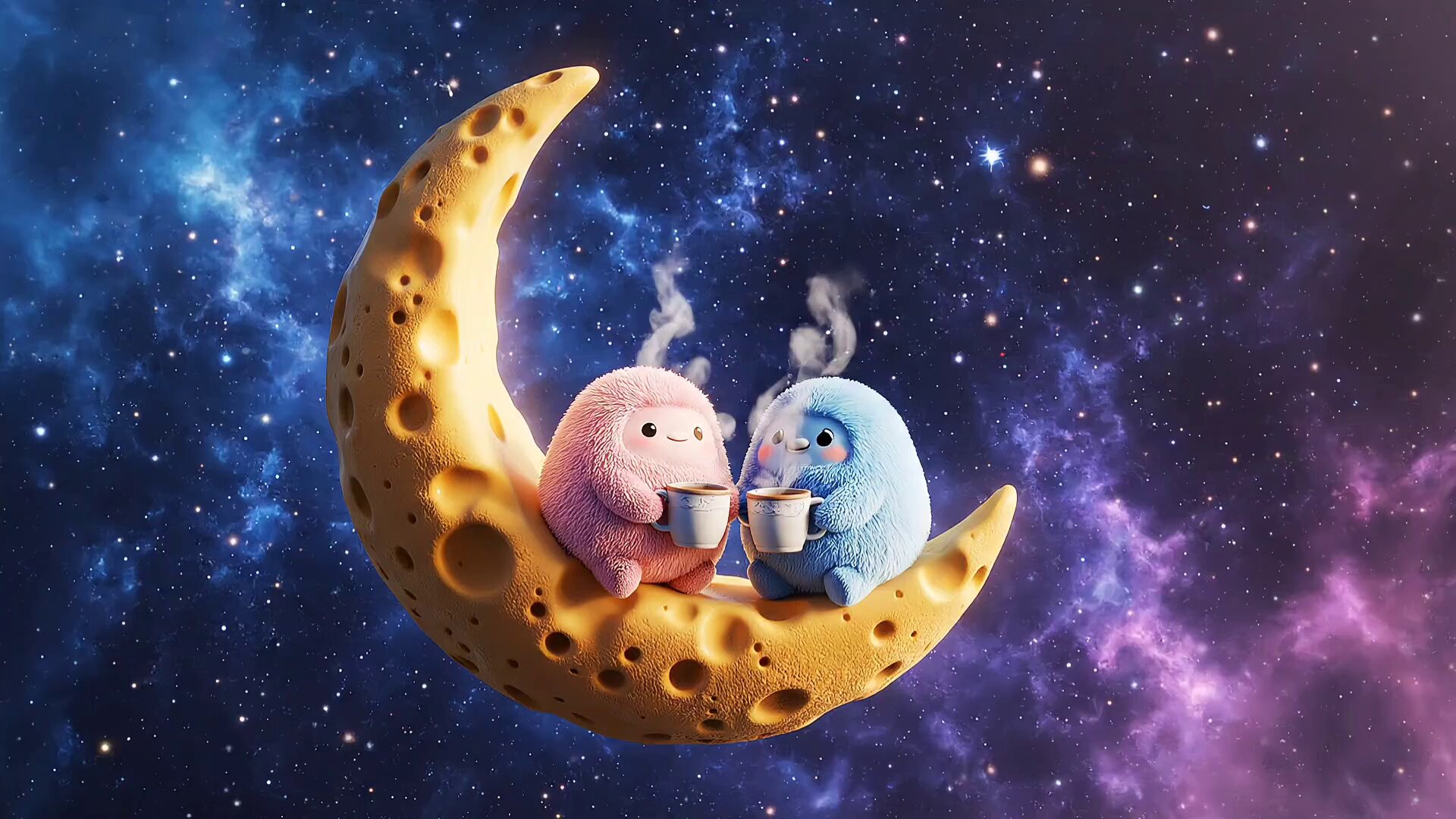 Valentine Theme: Pixar-style 3D Animated Characters Drinking Hot Cocoa on a Cheese Moon (video)؛ محتوای مرتبط هوش مصنوعی در Axeto