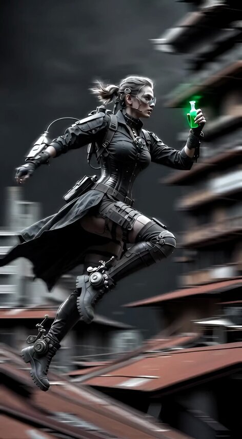 Female Cybernetic Alchemist Leaping Across Rusty Rooftops (video)؛ محتوای مرتبط هوش مصنوعی در Axeto