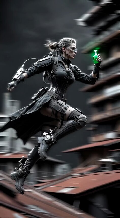 Female Cybernetic Alchemist Leaping Across Rusty Rooftops (2)؛ عکس ساختهشده با هوش مصنوعی و پرامپت فارسی در Axeto