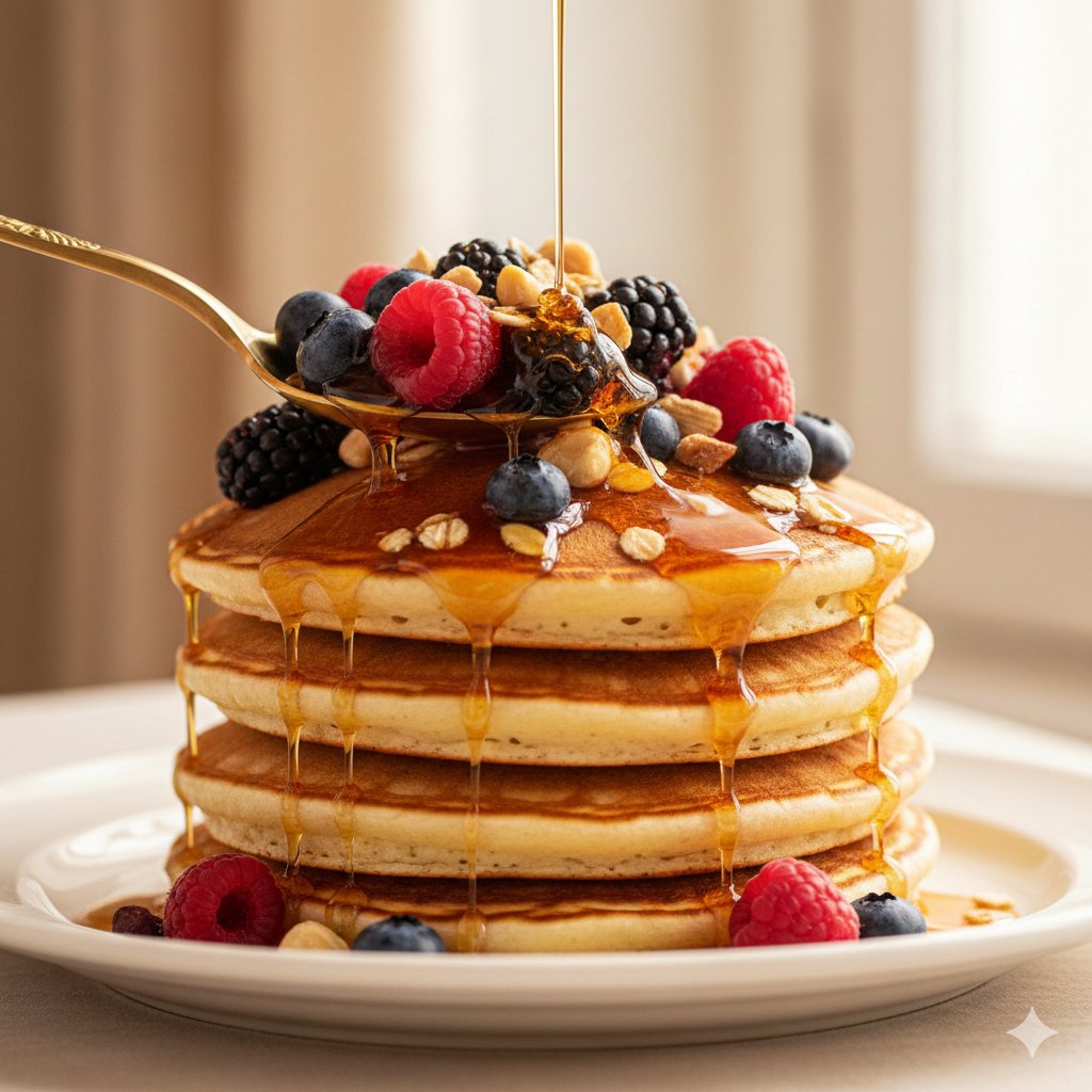 Ultra-luxury Food Commercial: Thick, Fluffy American Pancakes with Fresh Berries and Nuts؛ محتوای مرتبط هوش مصنوعی در Axeto