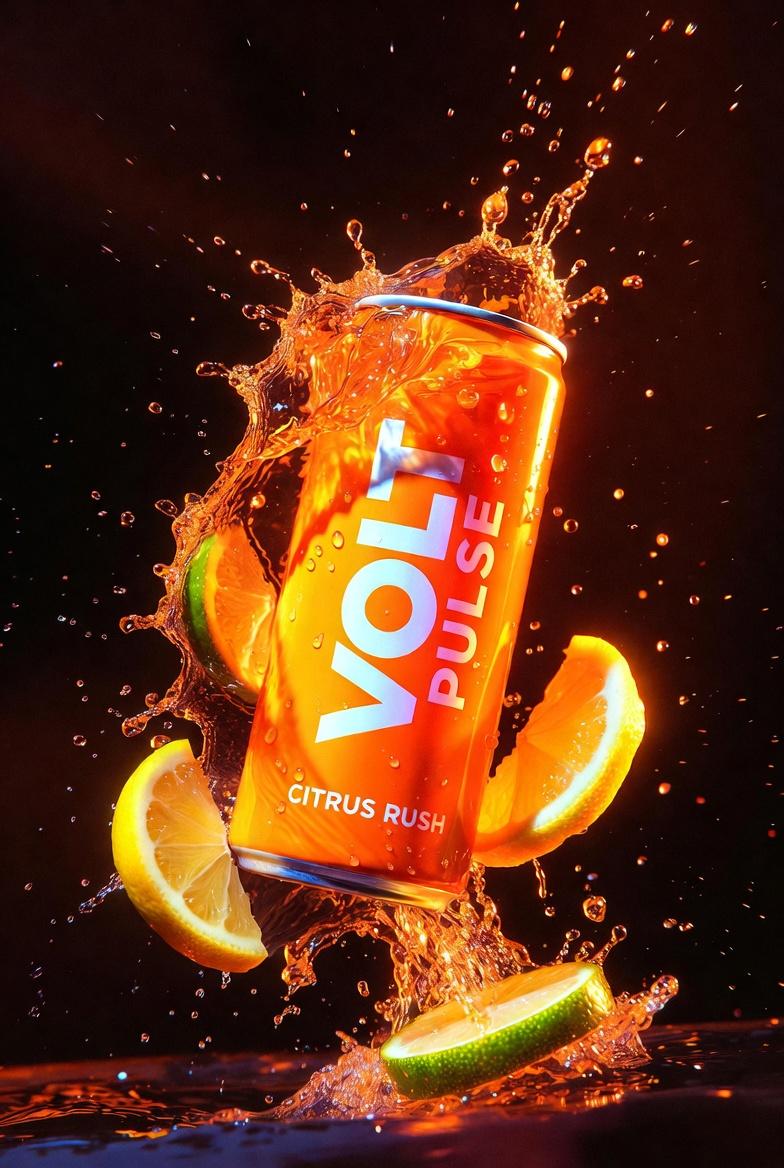 Ultra-cinematic Product Photography of a Neon-Orange Energy Drink Can؛ عکس ساخته‌شده با هوش مصنوعی و پرامپت فارسی در Axeto