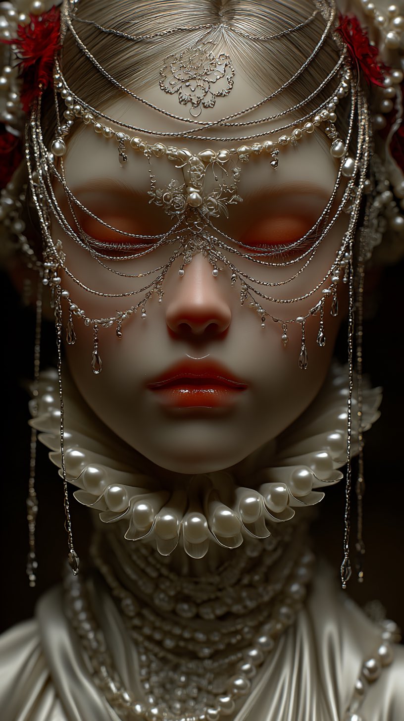 Detailed Close-Up Portrait of a Serene Woman with Pale Porcelain Skin and Intricate Veil (video)؛ محتوای مرتبط هوش مصنوعی در Axeto
