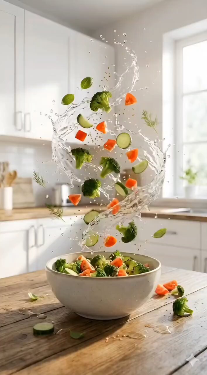 Fresh Salad Ingredients Floating in Mid-Air Above a Salad Bowl in a Bright Kitch…؛ عکس ساخته‌شده با هوش مصنوعی و پرامپت فارسی در Axeto