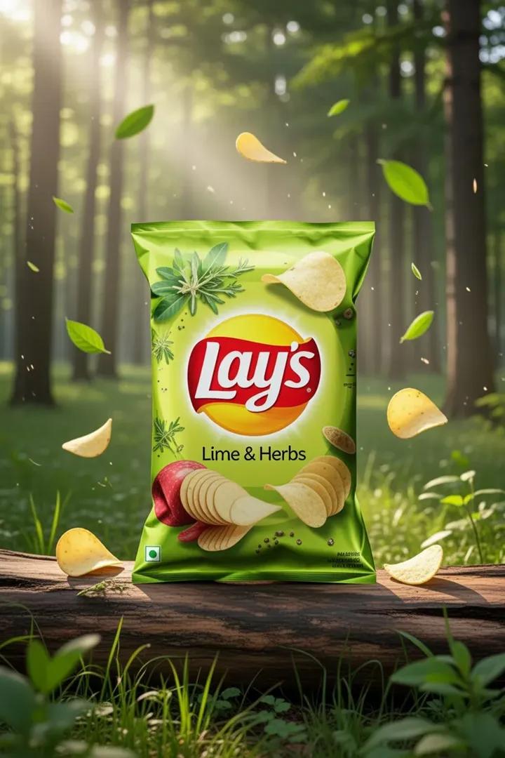 Premium Outdoor Food Advertisement with Lay's Lime & Herbs Chips Packet in a Green Forest (video)؛ محتوای مرتبط هوش مصنوعی در Axeto