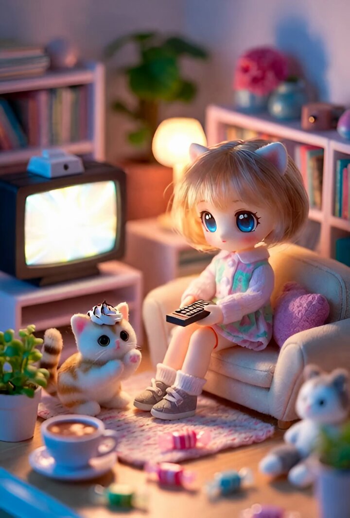 Cozy Scene with Adorable Doll and Toy Cat Watching TV in a Miniature Living Room (video)؛ محتوای مرتبط هوش مصنوعی در Axeto