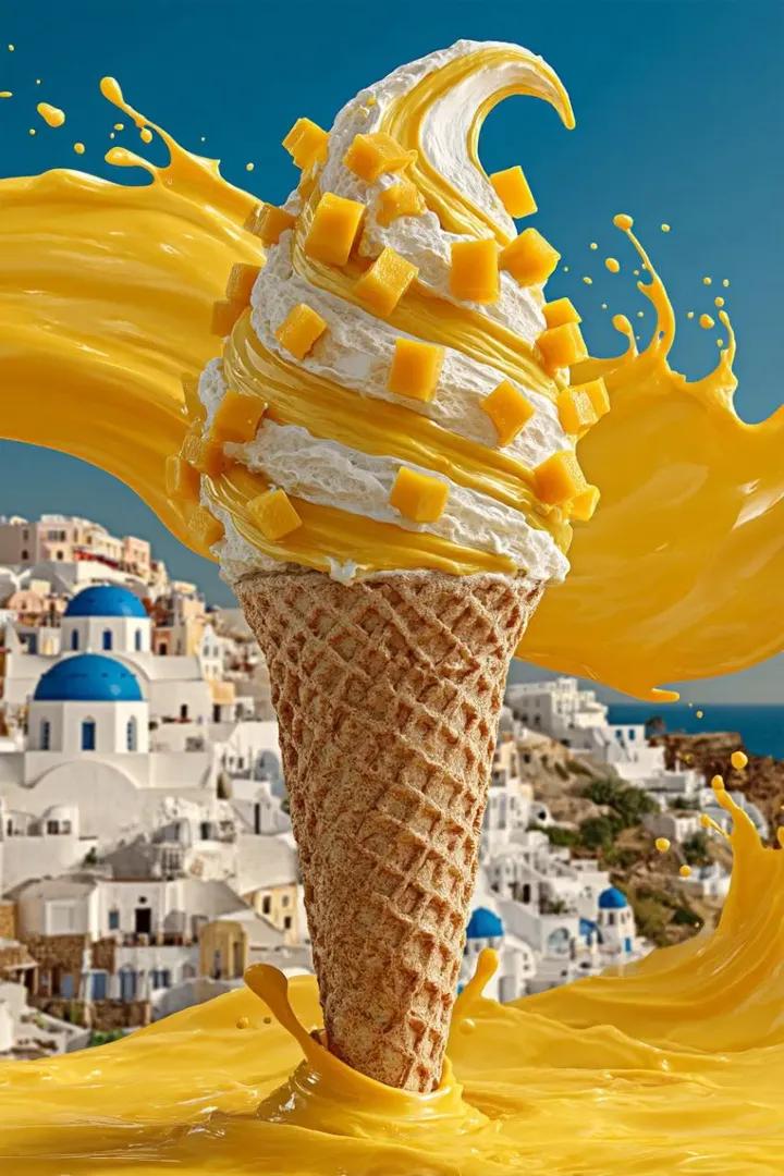 Giant Mango Ice Cream Storm in Santorini Summer Vibes (video)؛ محتوای مرتبط هوش مصنوعی در Axeto