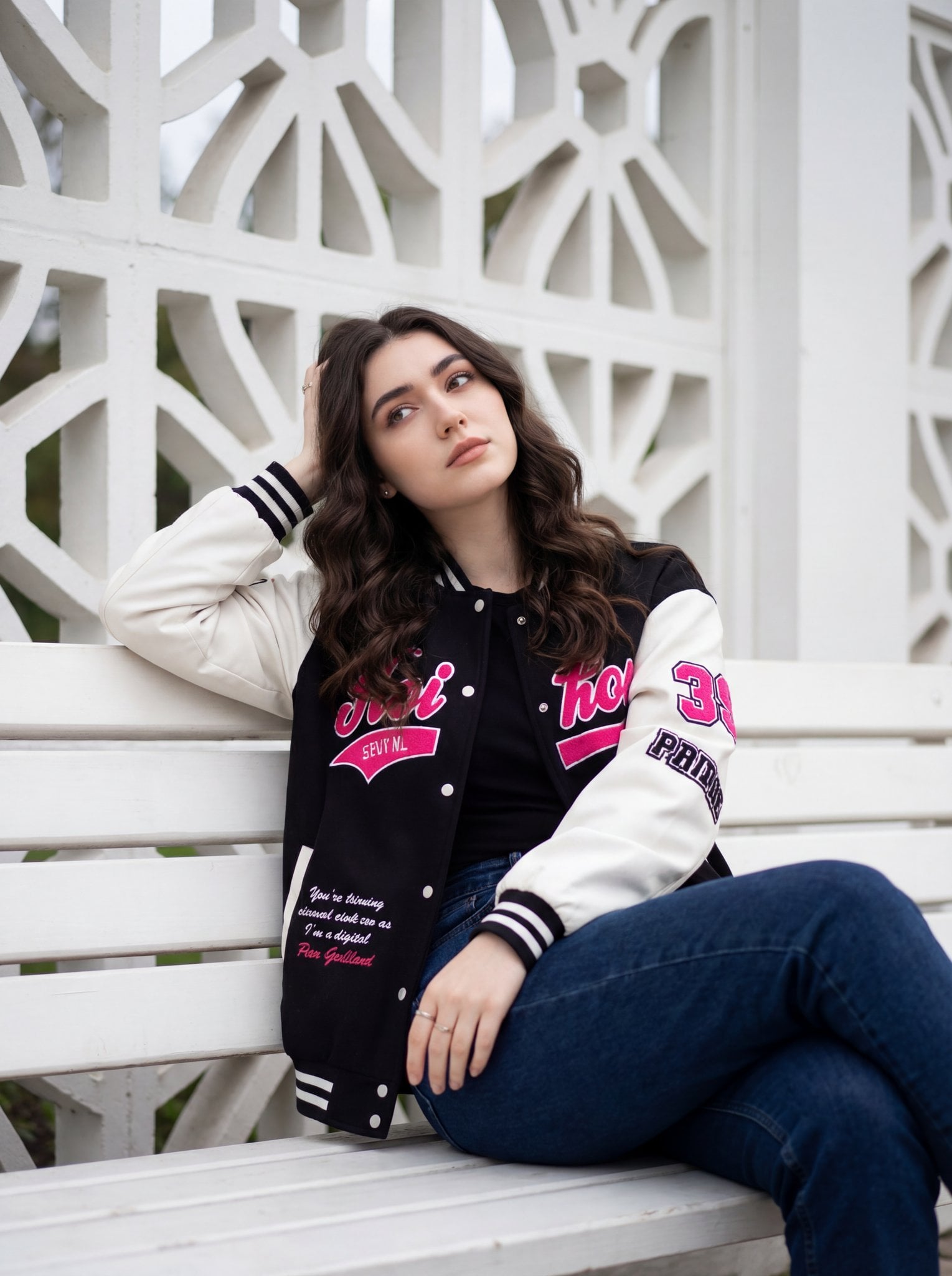 A young woman is sitting casually on a white wooden bench, positioned slightly o…؛ پرامپت فارسی برای ساخت عکس با هوش مصنوعی