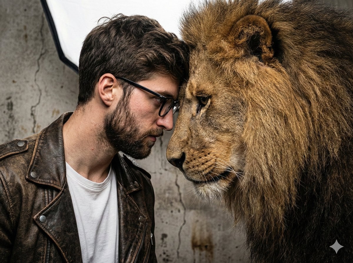 A gritty, intense portrait of a man, a friend of real lion, captured in a raw, h…؛ پرامپت فارسی برای ساخت عکس با هوش مصنوعی