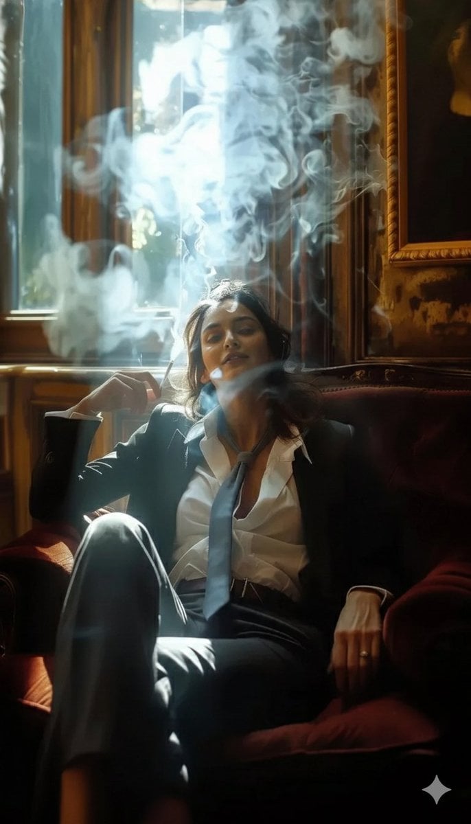 ​A high-definition cinematic portrait of a sophisticated woman sitting in a plus…؛ پرامپت فارسی برای ساخت عکس با هوش مصنوعی