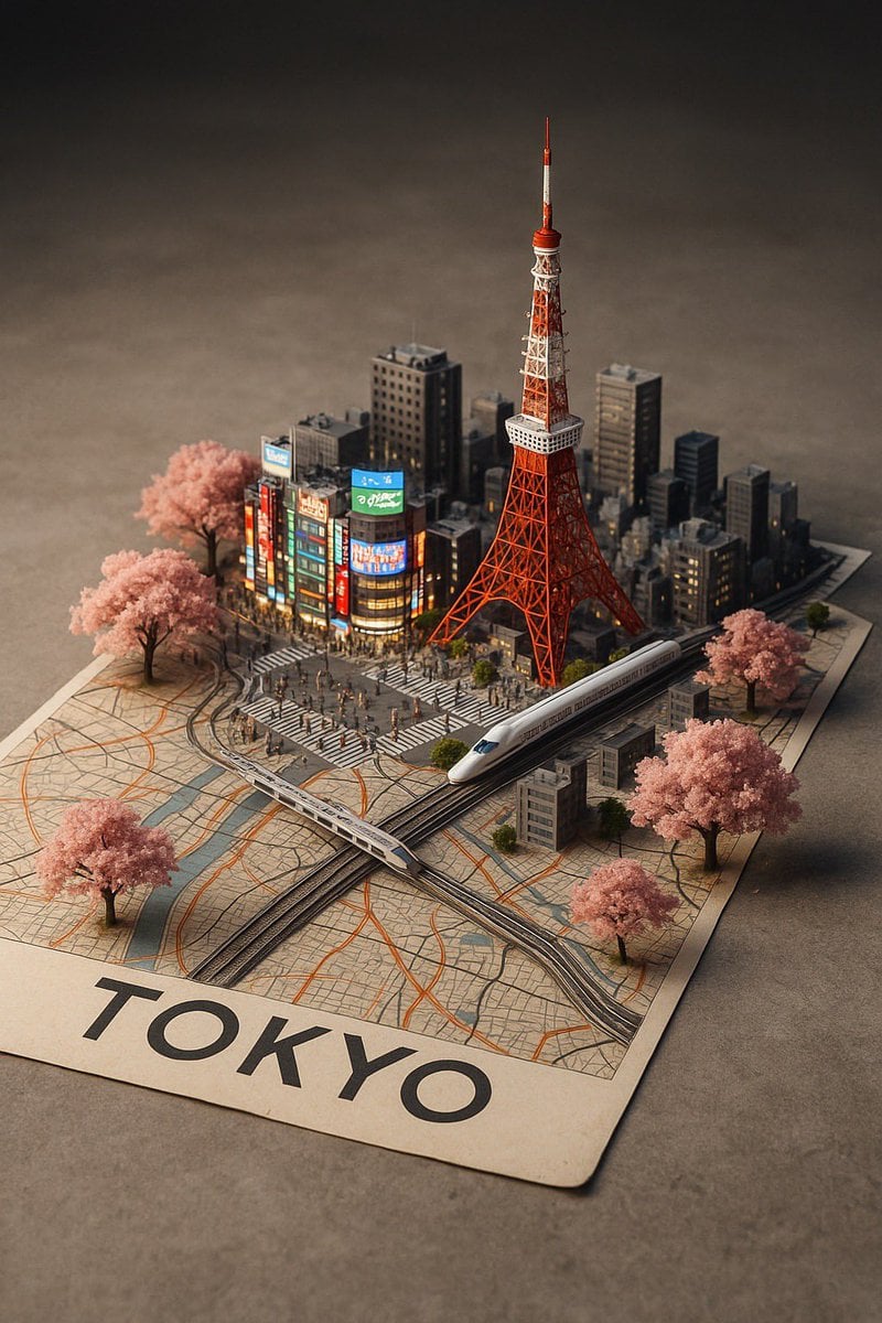 A street-style map of [CITY_NAME] placed on a {MAP_SURFACE}, with a photorealist…؛ پرامپت فارسی برای ساخت عکس با هوش مصنوعی