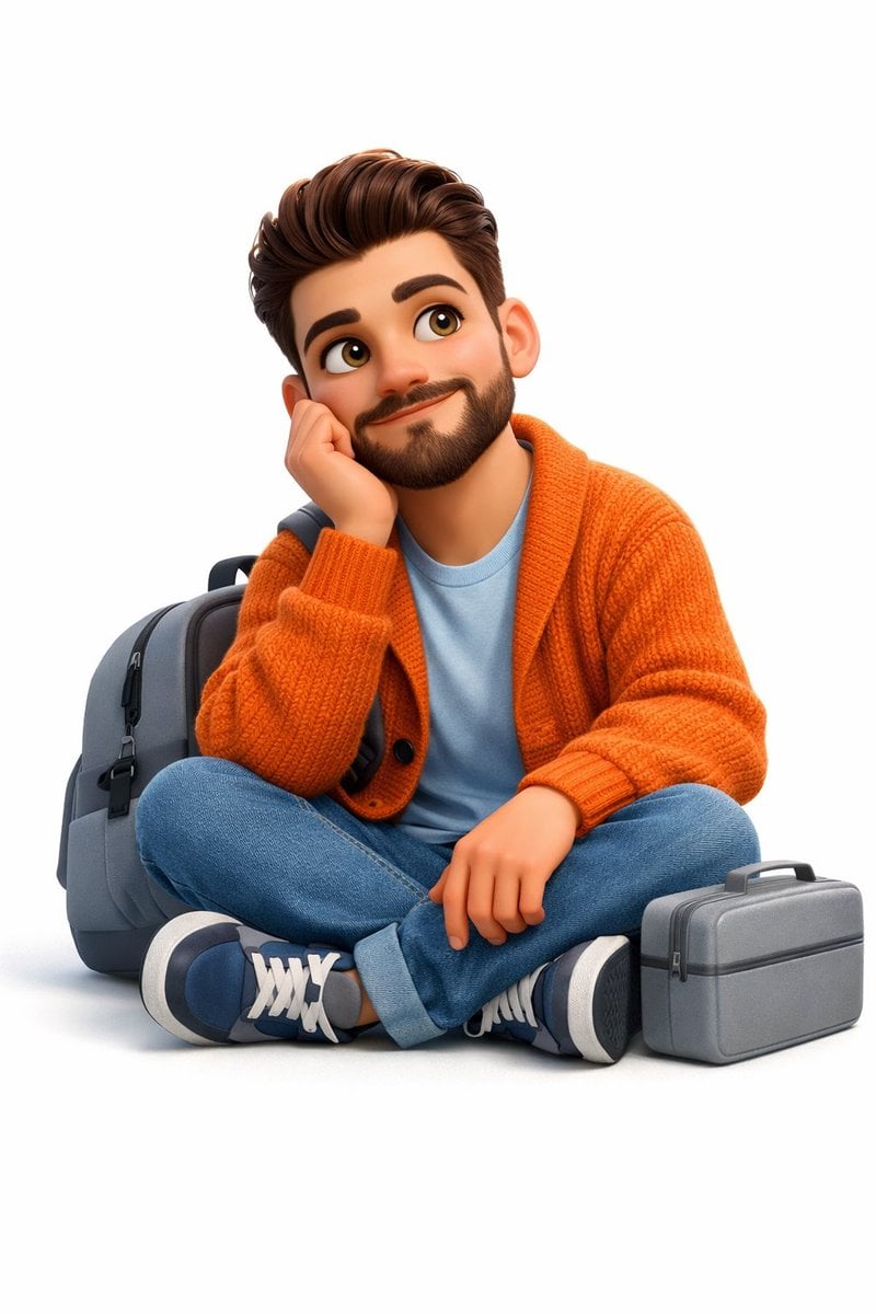 create a A 3D, Pixar-style animated young man sits cross-legged on a pure white,…؛ پرامپت فارسی برای ساخت عکس با هوش مصنوعی