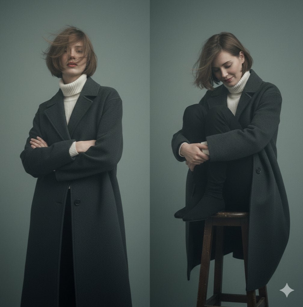 Left Pane: A young woman with a bob haircut stands facing the camera with a conf…؛ پرامپت فارسی برای ساخت عکس با هوش مصنوعی