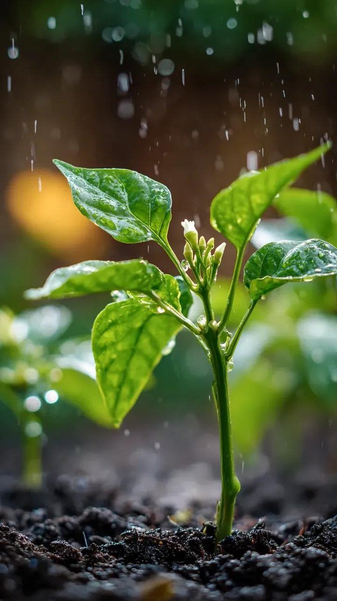 A small chili plant with glossy green leaves and one tiny white flower bud formi…؛ پرامپت فارسی برای ساخت عکس با هوش مصنوعی