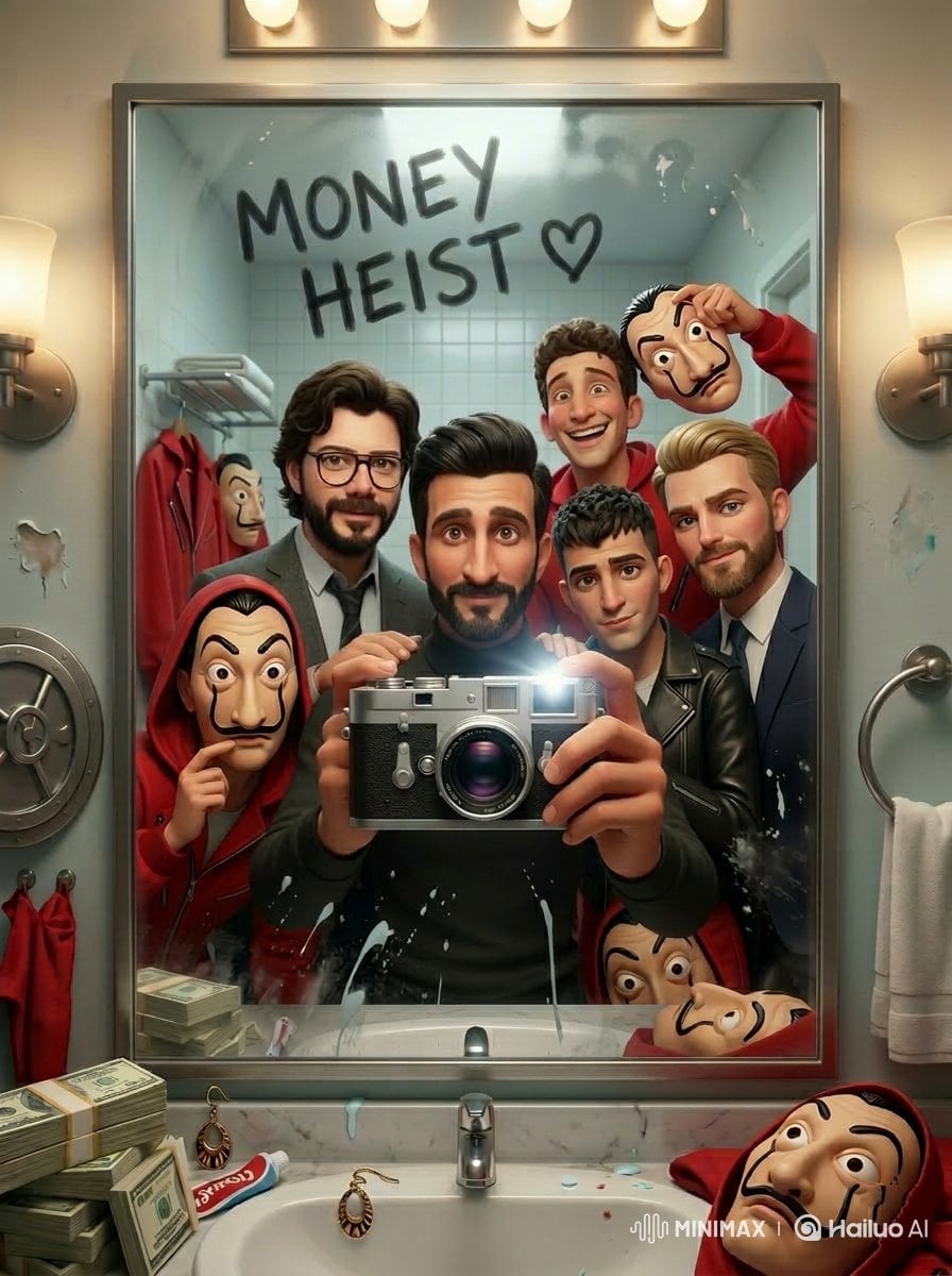 Cinematic mirror selfie scene inspired by a retro 80s sci-fi horror vibe, a grou…؛ پرامپت فارسی برای ساخت عکس با هوش مصنوعی