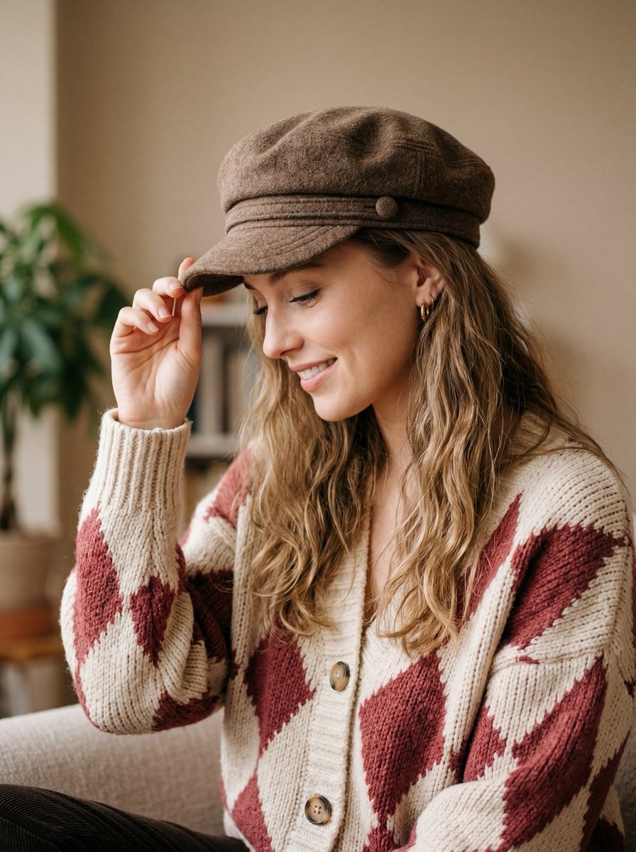 A warm, cozy, and high-quality portrait of a young woman with long, wavy blonde-…؛ پرامپت فارسی برای ساخت عکس با هوش مصنوعی