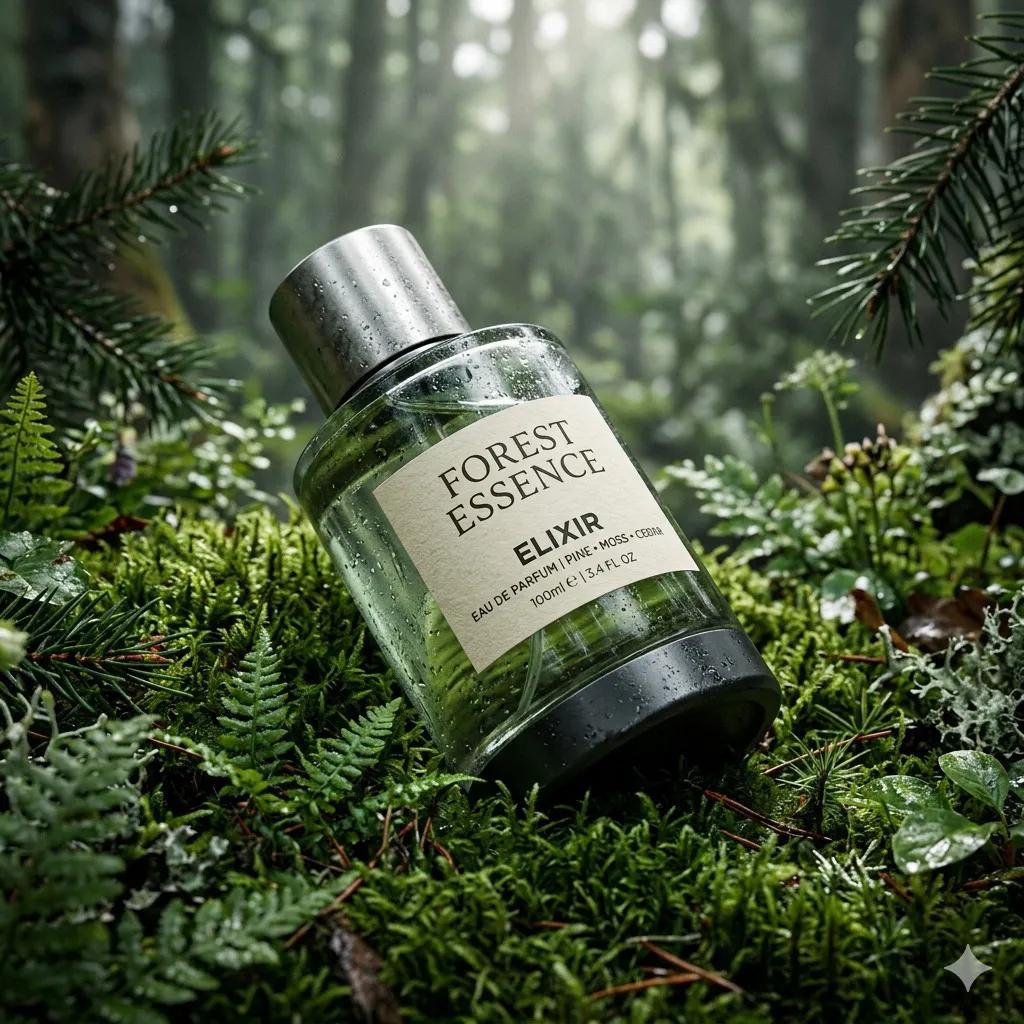 Ultra-realistic premium fragrance product shot of a perfume bottle (Forest Essen…؛ پرامپت فارسی برای ساخت عکس با هوش مصنوعی