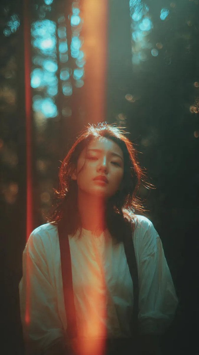 A cinematic portrait of an Asian woman standing in a quiet forest, captured in a…؛ پرامپت فارسی برای ساخت عکس با هوش مصنوعی