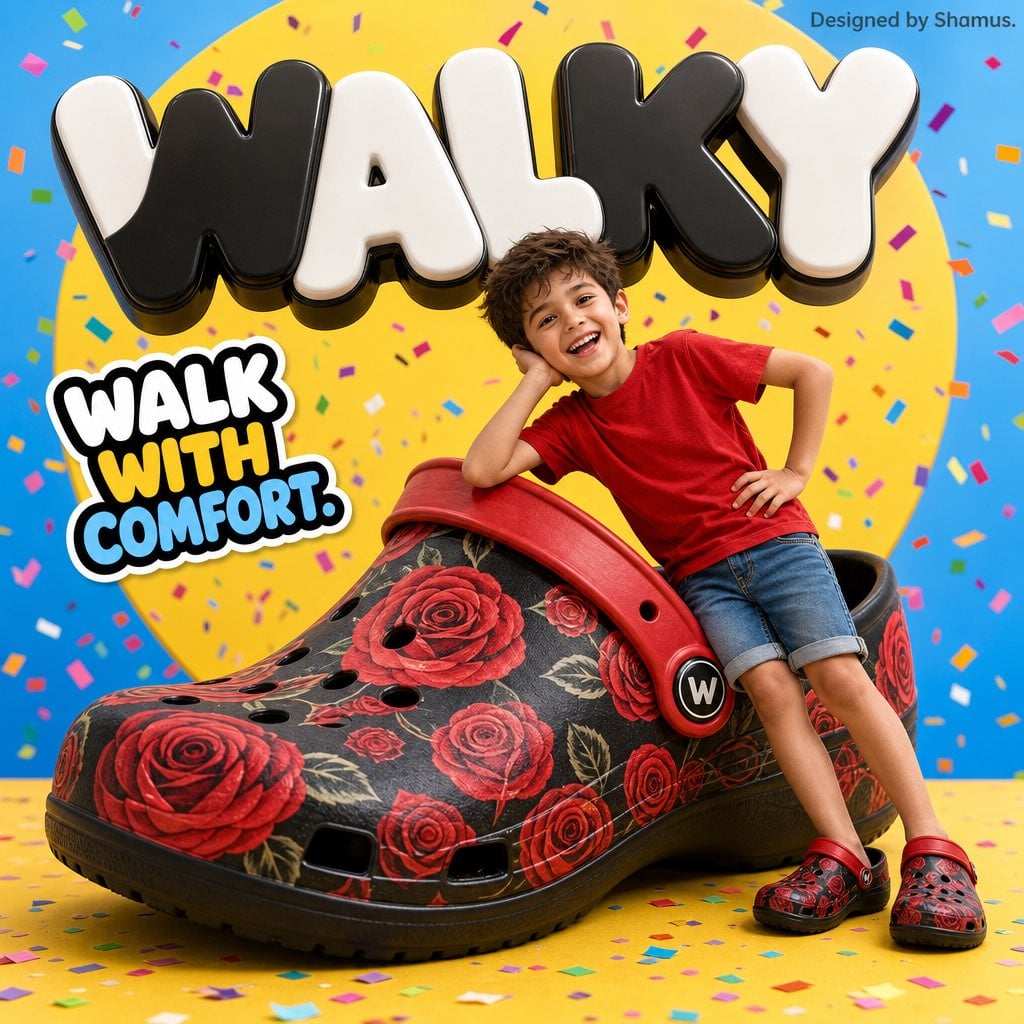 A vibrant children’s shoe advertisement poster featuring a joyful 7-year-old boy…؛ پرامپت فارسی برای ساخت عکس با هوش مصنوعی