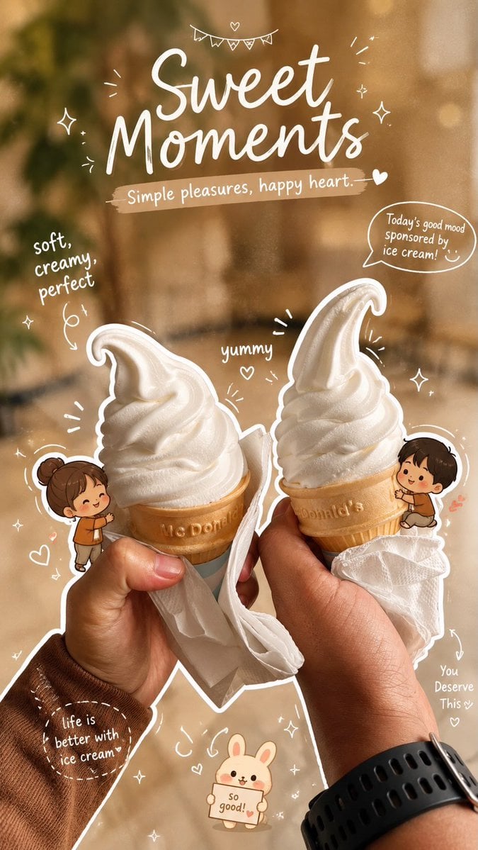 Close-up aesthetic photo of two hands holding vanilla soft serve ice cream cones…؛ پرامپت فارسی برای ساخت عکس با هوش مصنوعی