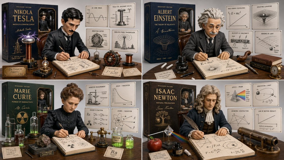 2x2 grid, 16:9, do this for Tesla and 3 other famous scientists Input: Nikola Te…؛ پرامپت فارسی برای ساخت عکس با هوش مصنوعی