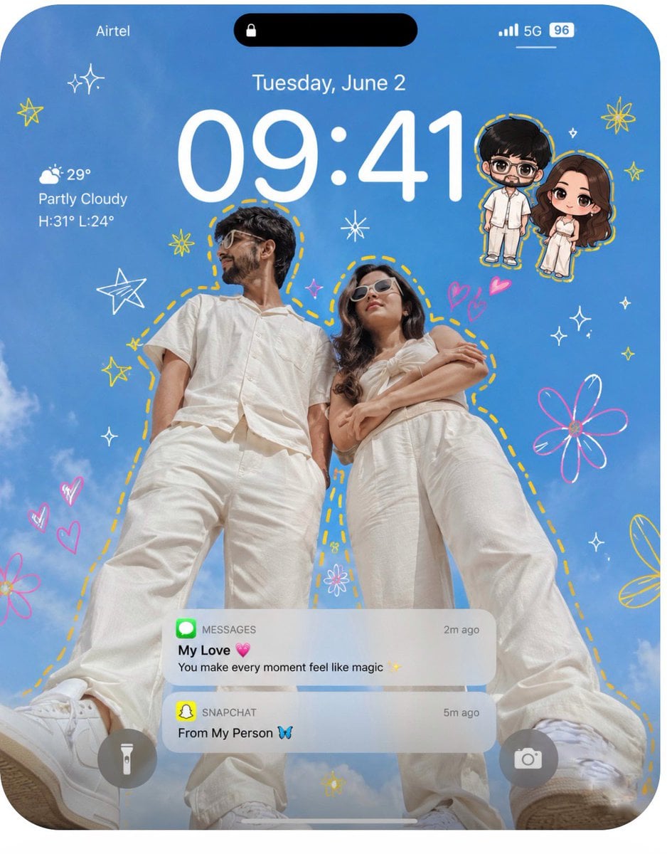 Create an ultra-realistic iPhone lockscreen wallpaper. Transform the couple into…؛ پرامپت فارسی برای ساخت عکس با هوش مصنوعی