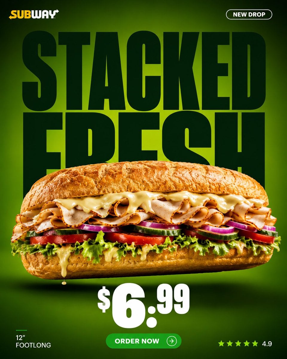 FORMAT 4:5 VERTICAL PREMIUM SOCIAL MEDIA MARKETING POSTER CLIENT SUBWAY CAMPAIGN…؛ پرامپت فارسی برای ساخت عکس با هوش مصنوعی