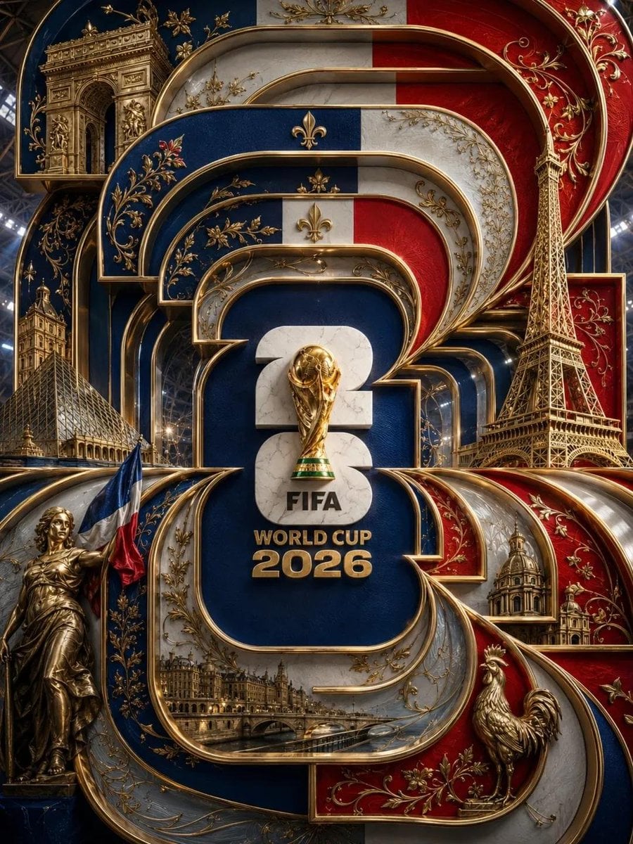 Ultra-detailed luxury 3D FIFA World Cup 2026 France poster. Massive layered "202…؛ پرامپت فارسی برای ساخت عکس با هوش مصنوعی