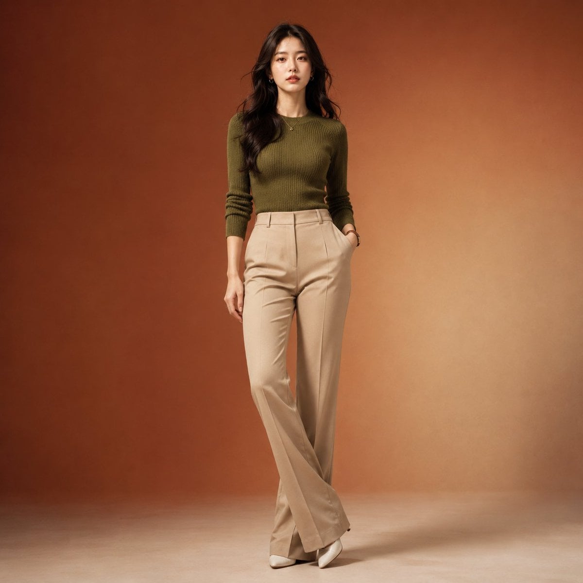 Full-body professional fashion editorial portrait of a beautiful young Korean wo…؛ پرامپت فارسی برای ساخت عکس با هوش مصنوعی