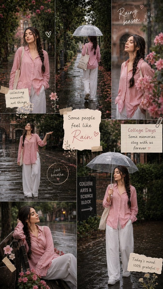 Create an ultra-realistic Pinterest-style rainy season collage in a vertical 9:1…