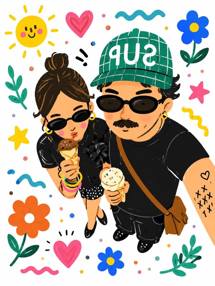 Turn this real-life selfie into a playful hand-drawn cartoon illustration, cute …؛ پرامپت مشابه برای ساخت عکس با هوش مصنوعی