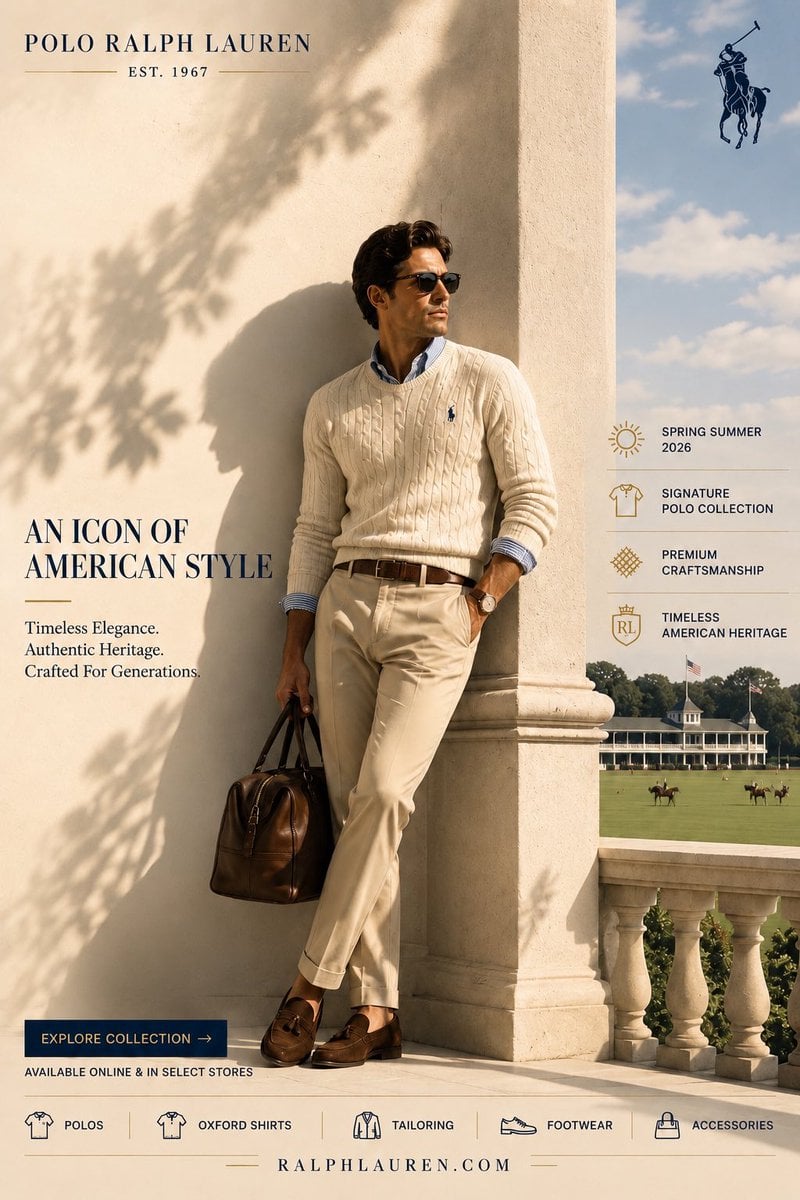 CREATE A LUXURY FASHION BRAND SOCIAL MEDIA CAMPAIGN POSTER FOR POLO RALPH LAUREN…؛ پرامپت فارسی برای ساخت عکس با هوش مصنوعی