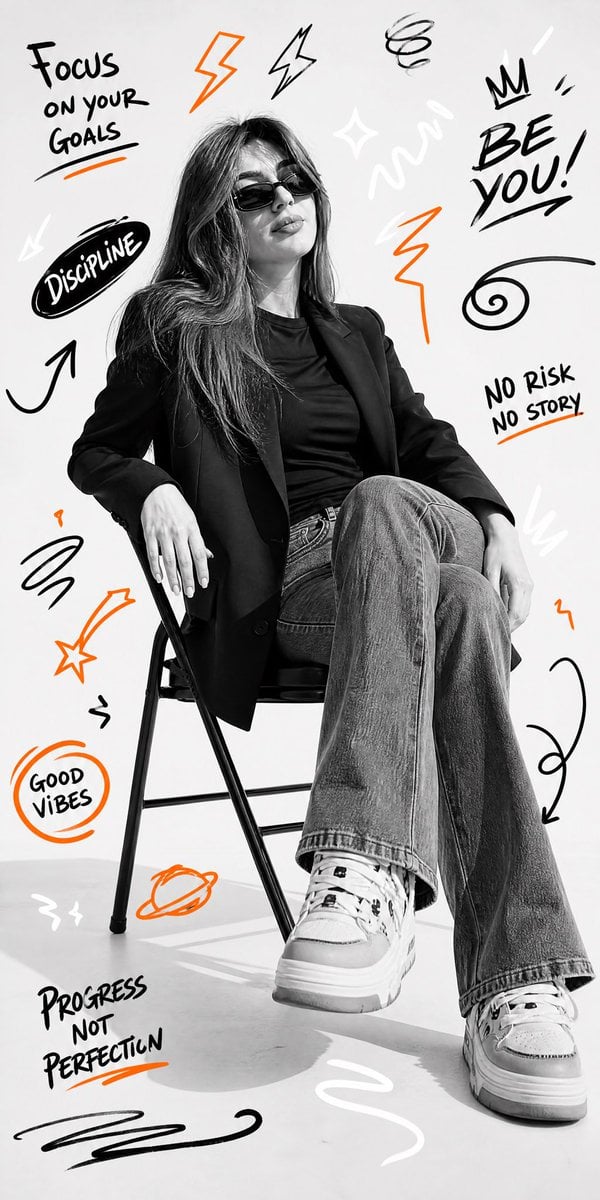 Ultra-realistic black and white studio portrait, person is sitting on a simple f…؛ پرامپت فارسی برای ساخت عکس با هوش مصنوعی