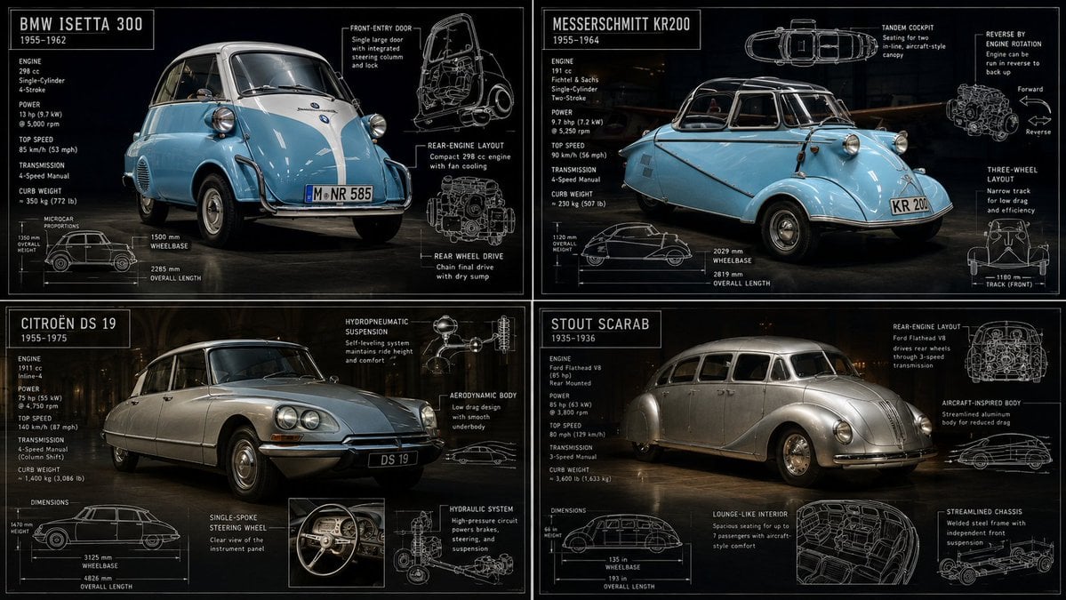 2x2 grid, 16:9 do this for 4 strange classic cars [Vehicle] + [Supplied Specs] +…؛ محتوای مرتبط هوش مصنوعی در Axeto